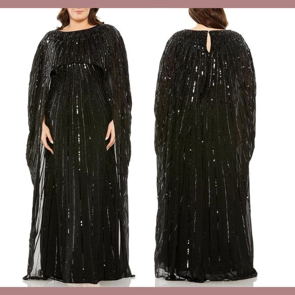 NWT $798 Mac Duggal [ 24W ] 93993 Beaded Embellished Column‎ Cape Gown Black - Picture 1 of 16